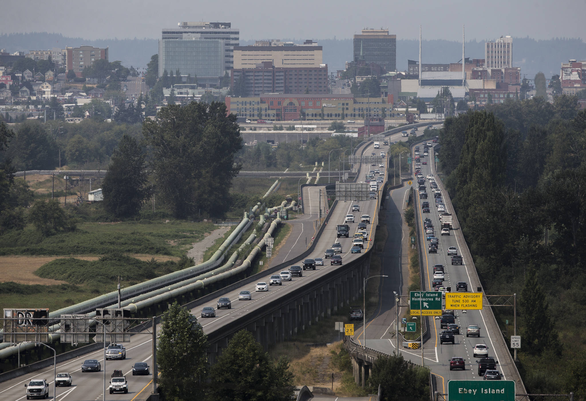 The federal infrastructure bill is likely to include money to replace the westbound U.S. 2 trestle, seen here Thursday on the right, between Everett and Lake Stevens. (Olivia Vanni / The Herald)
