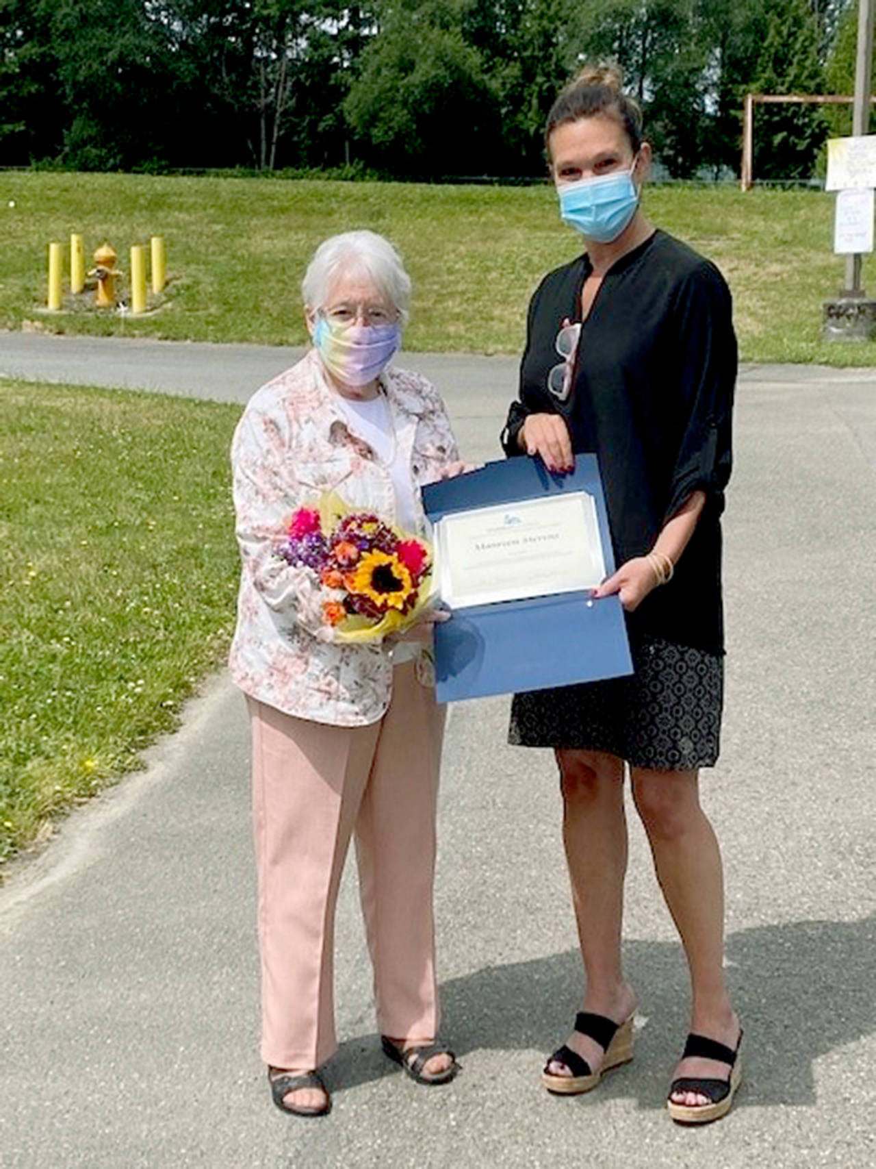 Mukilteo School District superintendent Alison Brynelson with Maureen Stevens, who has worked at Discovery Elementary since it opened and for the district for the past 51 years. (Contributed photo)