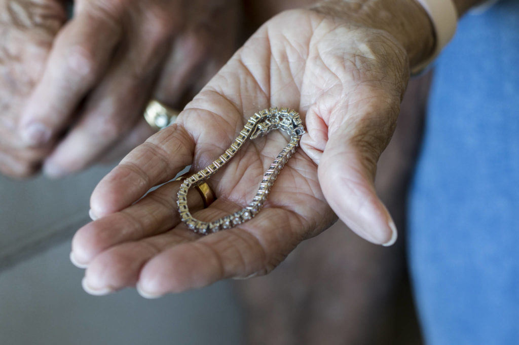 One of Colleen Baum’s diamond tennis bracelets that was found after sorting through five tons of trash at the Snohomish County Southwest Recycling Transfer Station. (Olivia Vanni / The Herald)
