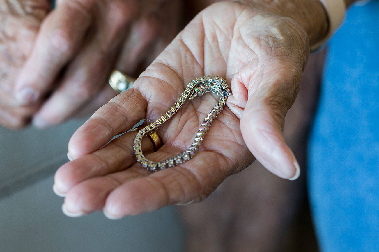 One of the two 5 inch diamond tennis bracelets that was found after sorting through five tons of trash at the Snohomish County Southwest Recycling & Transfer Station. (Olivia Vanni / The Herald)