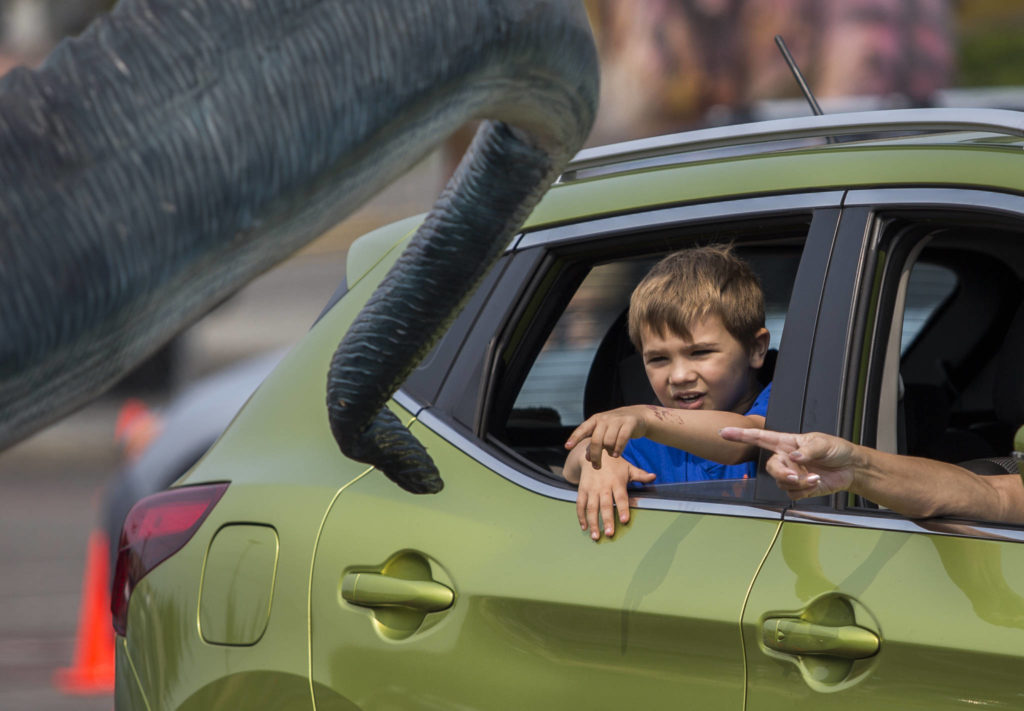A boy reaches out to try to touch a dinosaur tail at the Jurassic Empire drive-thru in Everett. (Olivia Vanni / The Herald) 
