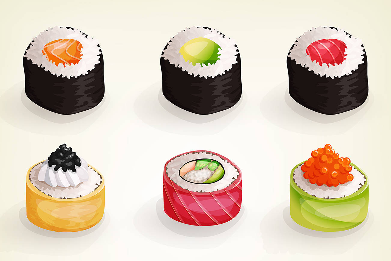 Japanese cuisine collection. Set of various fresh and delicious sushi rolls. Vector illustration of healthy food for takeout, bar or restaurant menu.