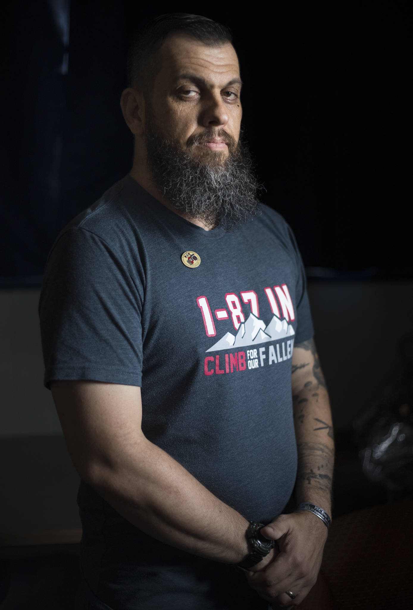 Drew James, a veteran who was was among the U.S. Army’s first 10,000 soldiers with boots on the ground in Afghanistan, at the VFW Post 2100 on Friday in Everett. (Olivia Vanni / The Herald)