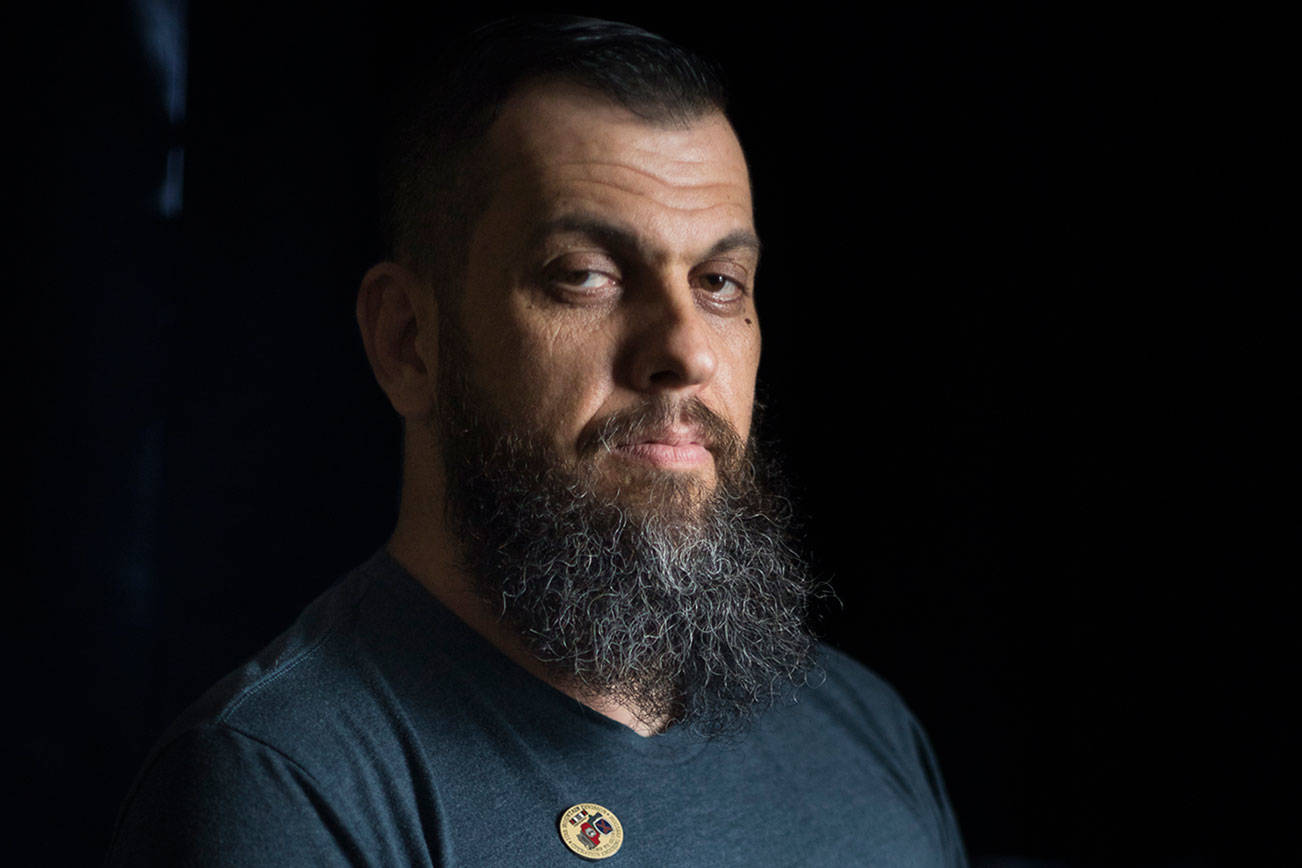 Drew James, an veteran who was was among the U.S. Army’s first 10,000 soldiers with boots on the ground in Afghanistan, at the VFW Post 2100 on Friday, Aug. 20, 2021 in Everett, Wash. (Olivia Vanni / The Herald)