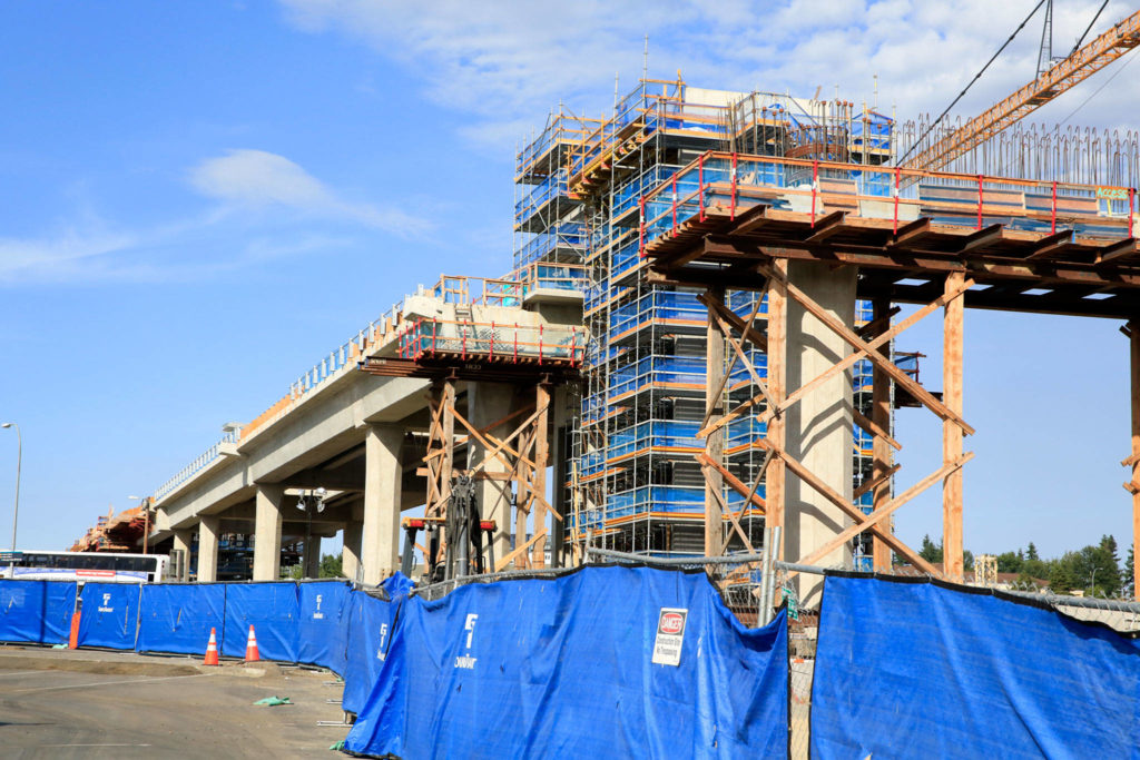 The construction site of the light rail station at the Lynnwood Transit Center on Aug. 5. (Kevin Clark / The Herald)

