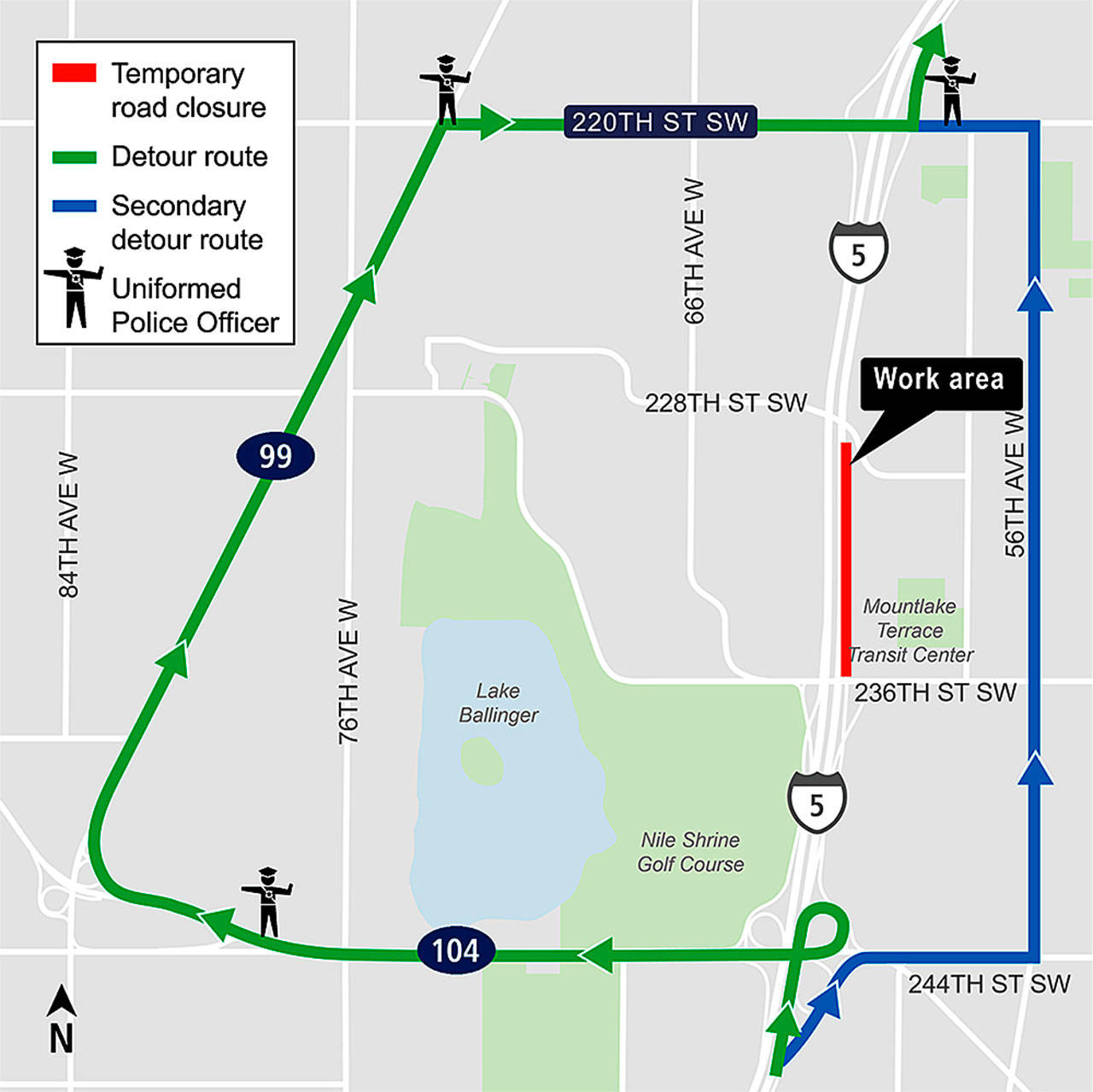 An overnight closure of northbound I-5 traffic will require a detour for drivers Friday night until Saturday morning between Highway 104 and 220th Street SW. (Sound Transit)