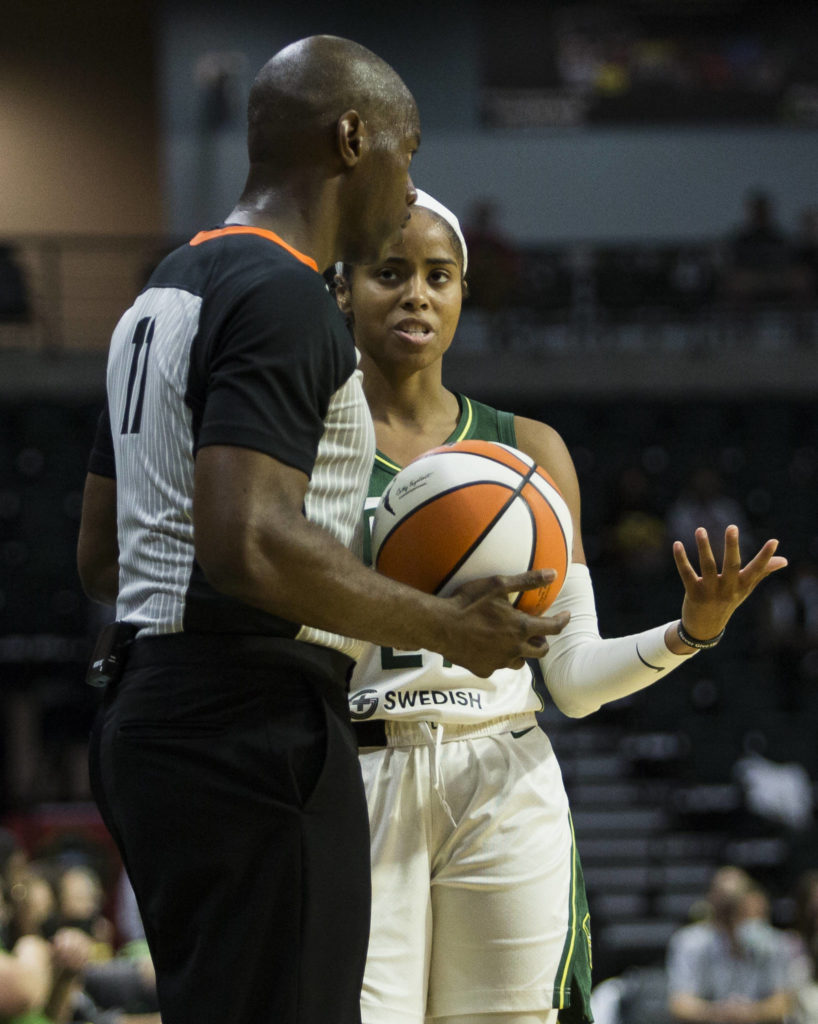 Seattle Stormճ Jordin Canada talks to the referee about a call during the game against the Chicago Sky at Angel of the Winds Arena on Friday, Aug. 27, 2021 in Everett, Wash. (Olivia Vanni / The Herald)
