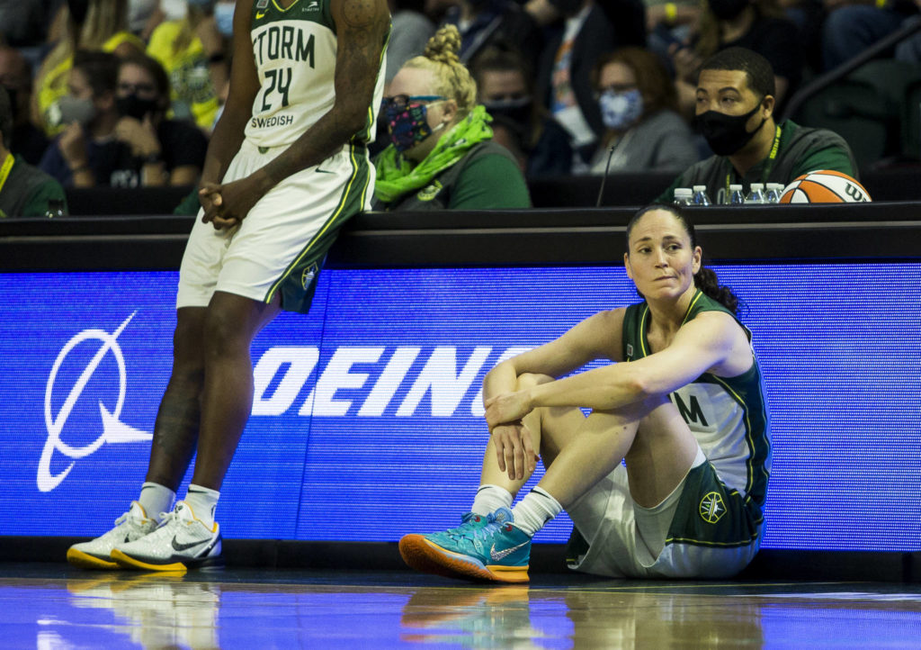 Seattle Stormճ Sue Bird waits to be subbed in during the game against the Chicago Sky at Angel of the Winds Arena on Friday, Aug. 27, 2021 in Everett, Wash. (Olivia Vanni / The Herald)
