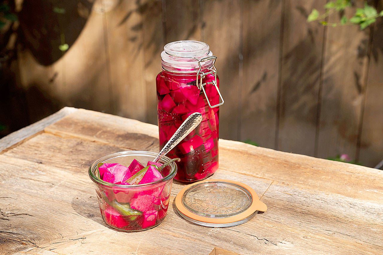 Middle Eastern-style pickled turnips are similar to Western-style pickles — except for the hot pink color. (Kristen Mendiola / The Daily Meal)