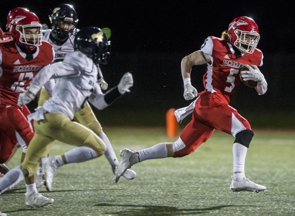 Led by star running back Dylan Carson and a powerful rushing attack, Marysville Pilchuck is eyeing a second consecutive Wesco 3A North title. (Olivia Vanni / The Herald)
