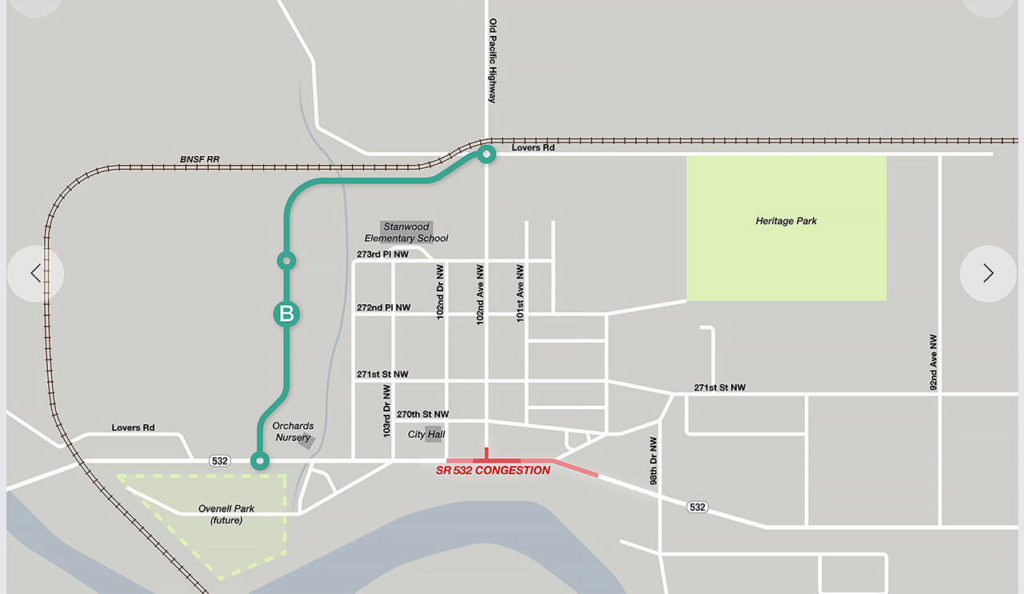 Stanwood city staff think a spur on the west end of town could disburse traffic away from downtown. Corridor B is one idea being considered. (City of Stanwood)
