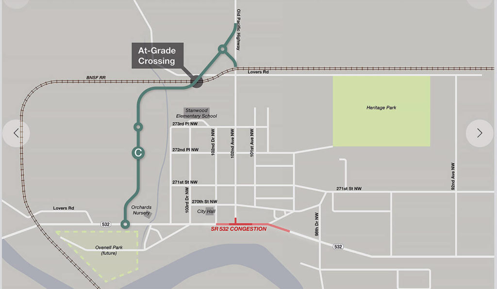 Stanwood city staff think a spur on the west end of town could disburse traffic away from downtown. Corridor C is one idea being considered. (City of Stanwood)
