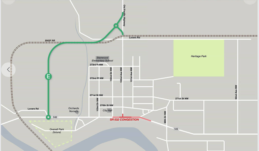 Stanwood city staff think a spur on the west end of town could disburse traffic away from downtown. Corridor E is one idea being considered. (City of Stanwood)
