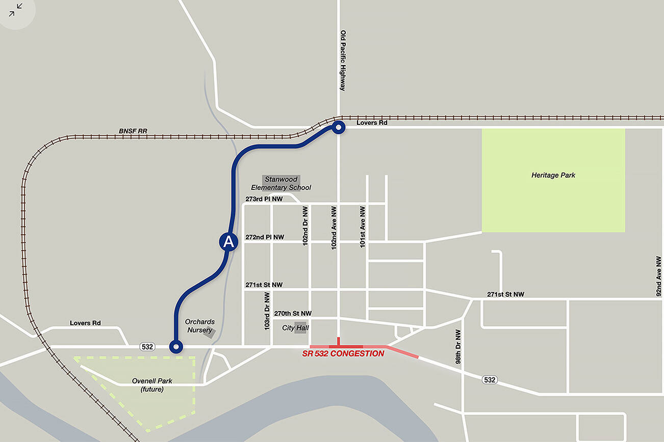 Stanwood city staff think a spur on the west end of town could disburse traffic away from downtown. Corridor A is one idea being considered. (City of Stanwood)