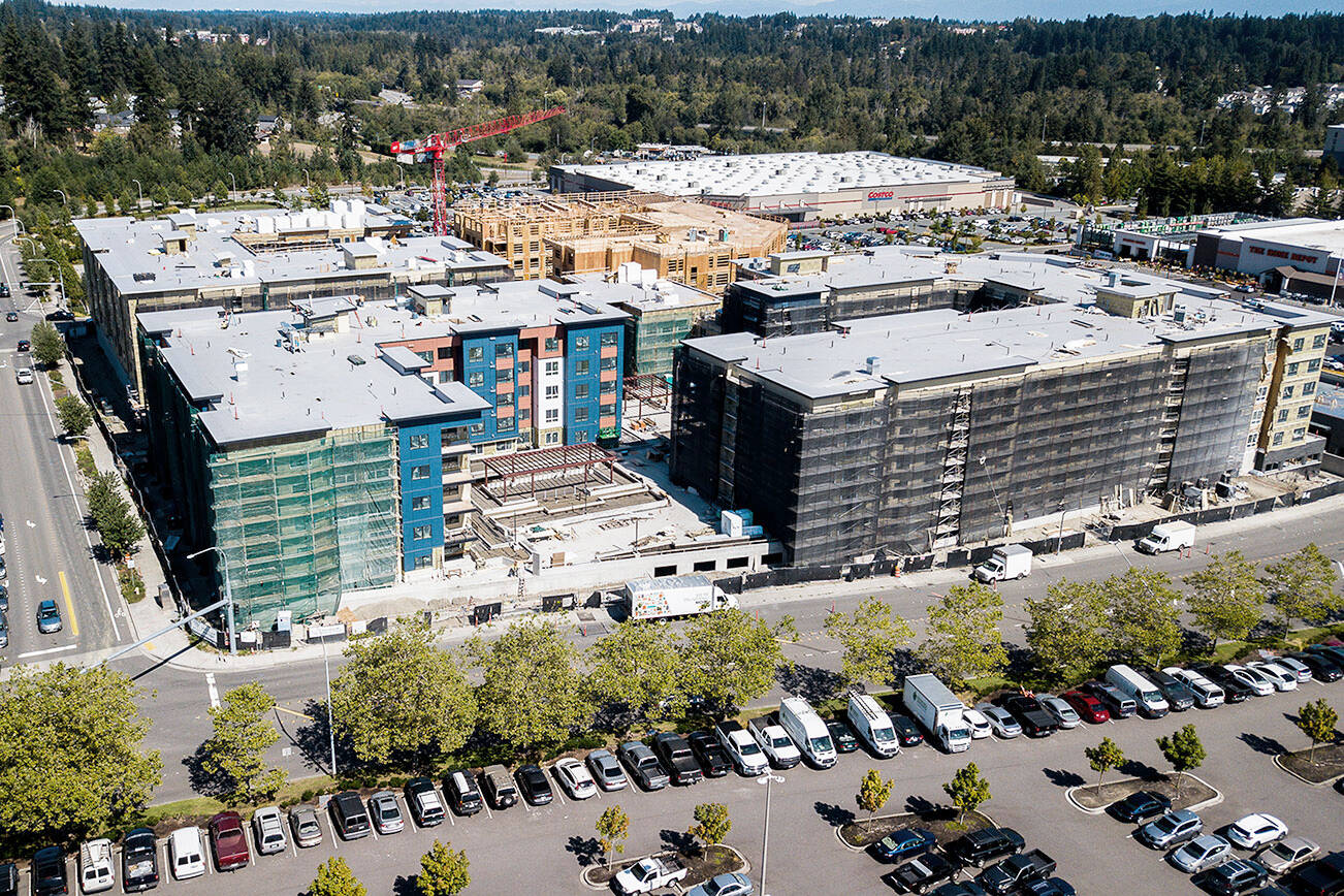 New construction of apartments and condominiums across from Alderwood Mall on Wednesday, Sept. 1, 2021 in Lynnwood, Wa. (Olivia Vanni / The Herald)