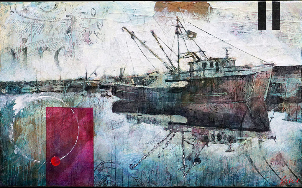 “Saturn at Dusk” by Christopher “Siege” James depicts the Saturn at the Port Townsend shipyard.
