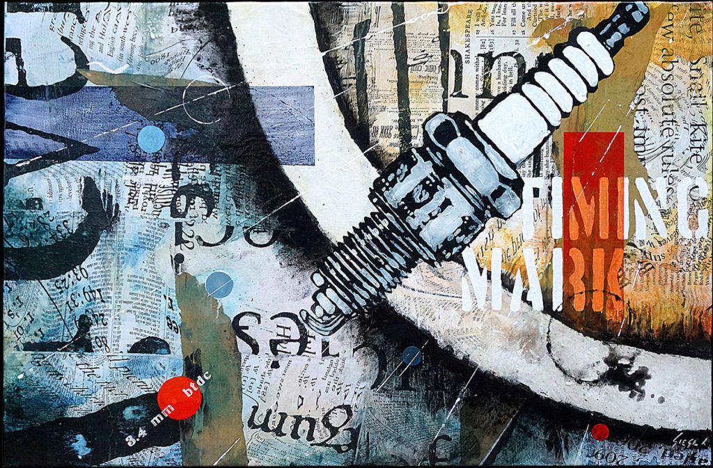 “Timing Mark” by Christopher “Siege” James is a painting of a spark plug. “Any old-school mechanic has seen the steel hammered with a chisel to mark the exact point where the engine should fire,” James writes.
