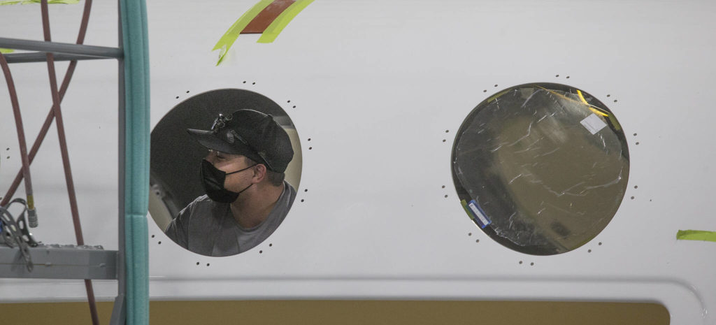 The Eviation Alice has oversized windows to give passengers a wider view. Seen at Eviation’s plant Sept. 8 in Arlington. (Andy Bronson / The Herald)
