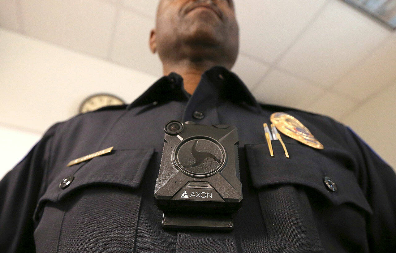 An Axon body camera on a Phoenix police officer. (AP Photo/Ross D. Franklin)