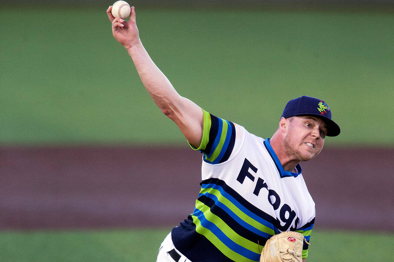 Aquasox's Bryan Pall pitches as the Everett Aquasox beat the Vancouver Canadians 11-6 at Funko Field on Tuesday, Aug. 10, 2021 in Everett, Washington.  (Andy Bronson / The Herald)