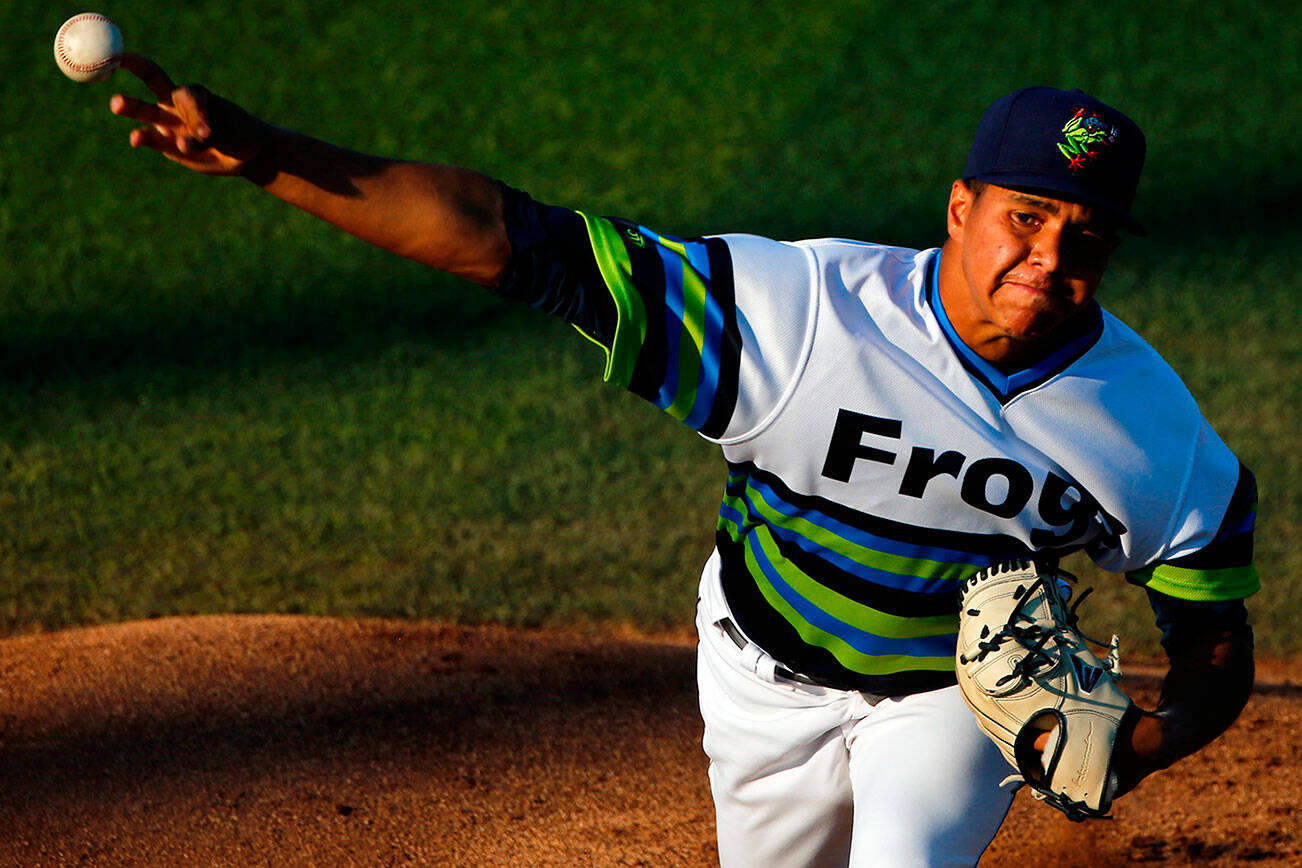 AquaSox's Juan Then pitches in the first inning against the Vancouver Canadians Tuesday evening at Funko Field at Everett Memorial Stadium in Everett June 29th, 2021. (Kevin Clark / The Herald)