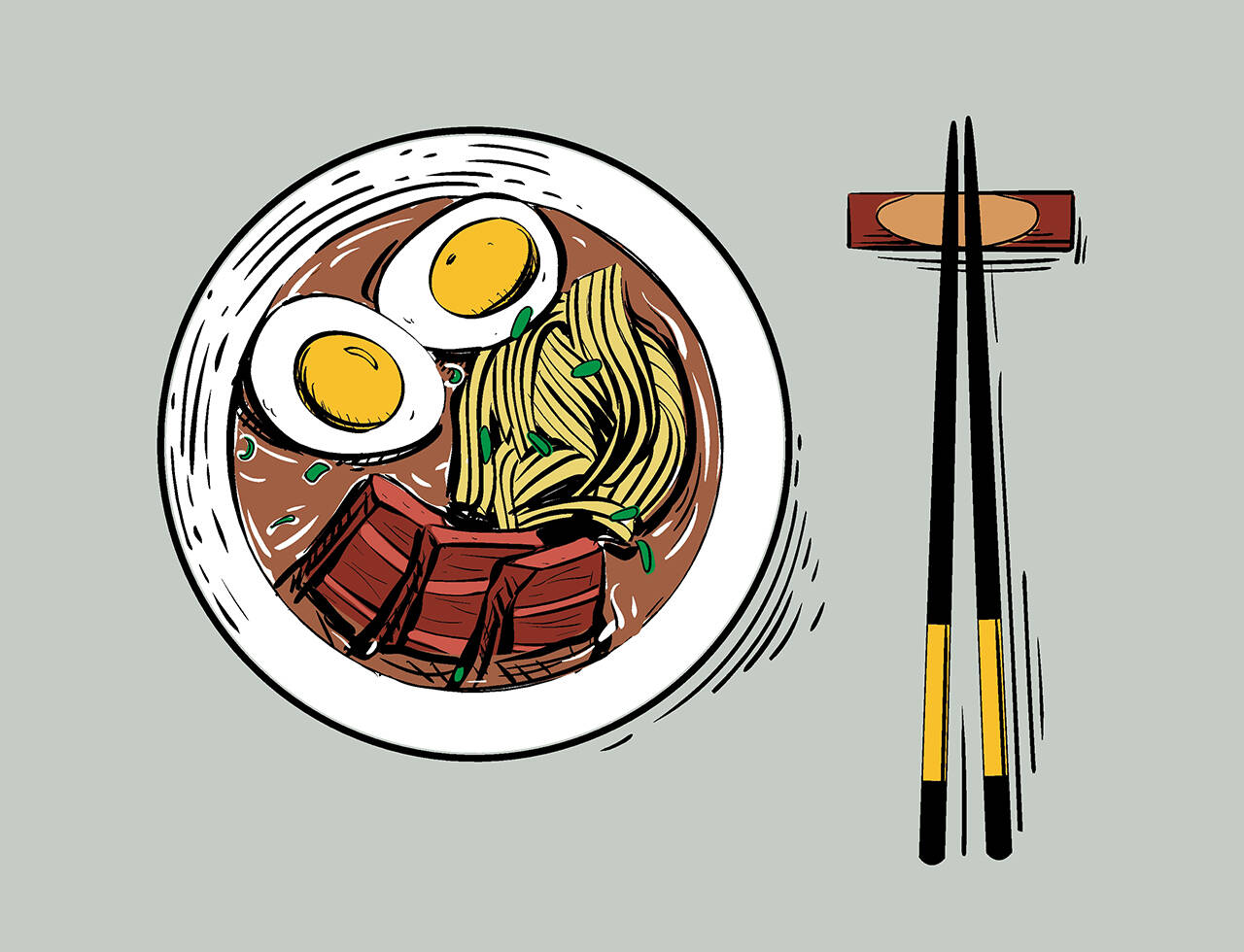Tasty and healthy asian food - spicy ramen with wheat noodle, meat, eggs and onion in white pot with chopsticks. Vector illustration of traditional korean cuisine for menu, recipe books or printing