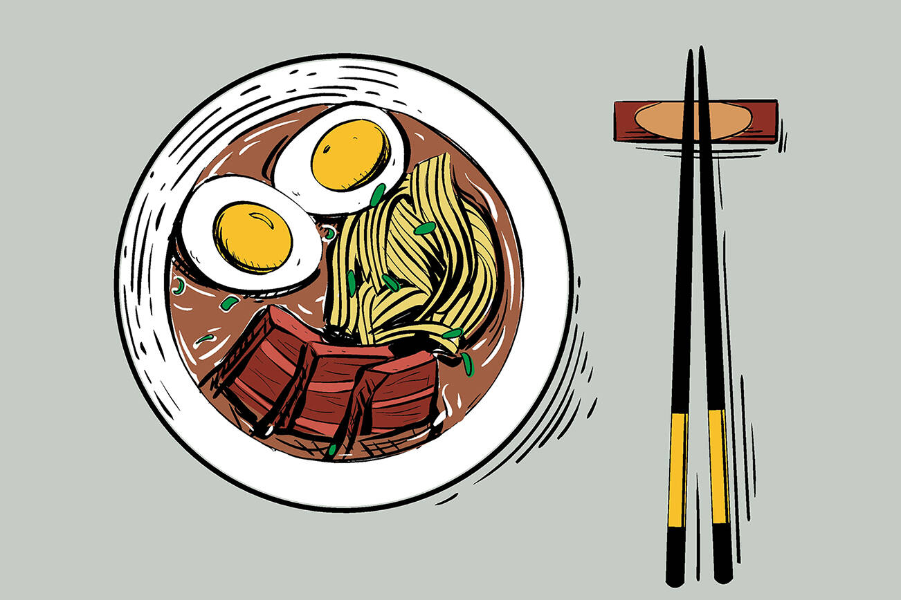 Tasty and healthy asian food - spicy ramen with wheat noodle, meat, eggs and onion in white pot with chopsticks. Vector illustration of traditional korean cuisine for menu, recipe books or printing