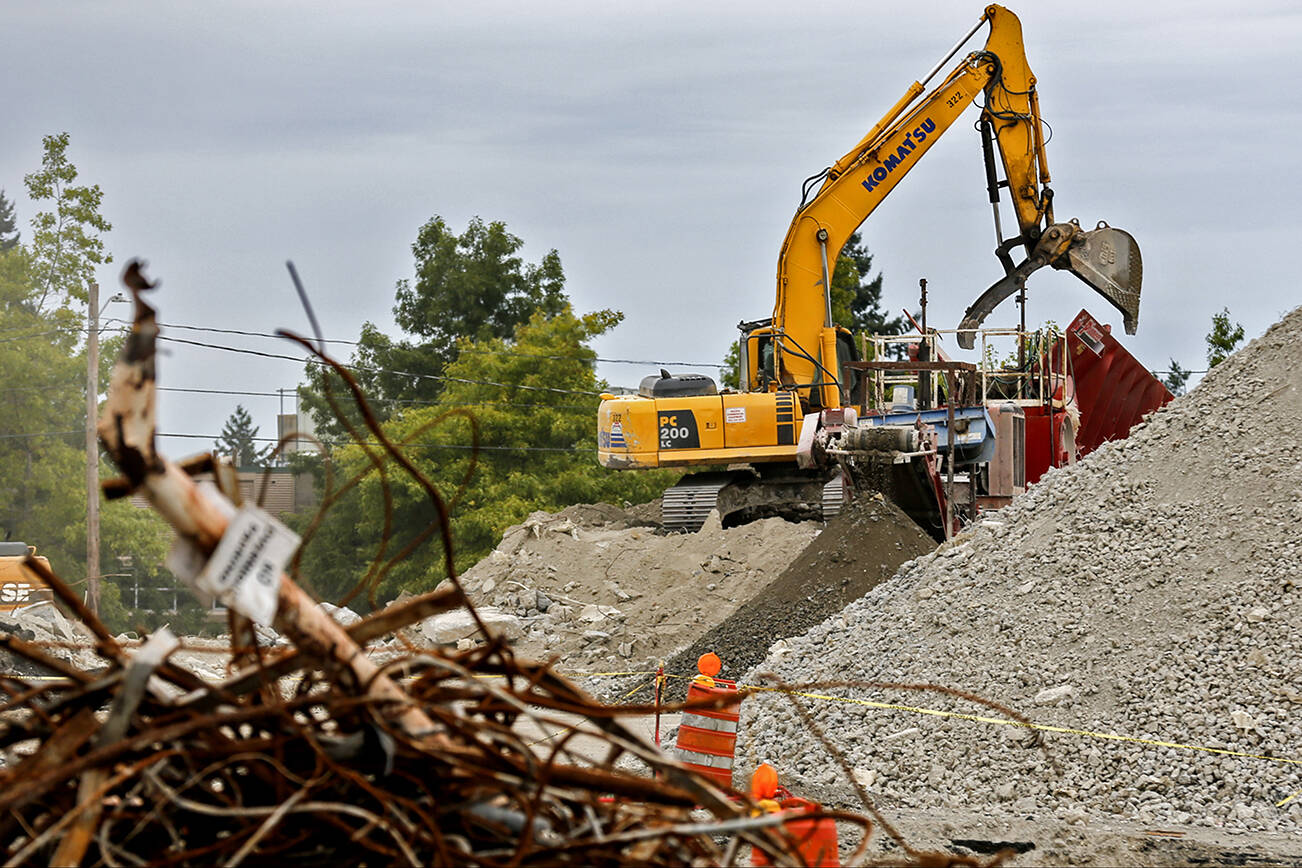 Construction continues at the site of the former Kmart for 400 apartments. and is slated for completion in 2023. Photo on September 14, 2021. (Kevin Clark / The Herald)