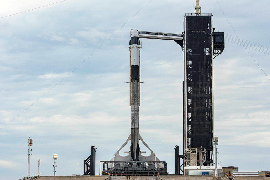 The SpaceX craft called Crew Dragon Resilience atop a Falcon 9 rocket at Kennedy Space Center’s launch pad 39A. (SpaceX) 
