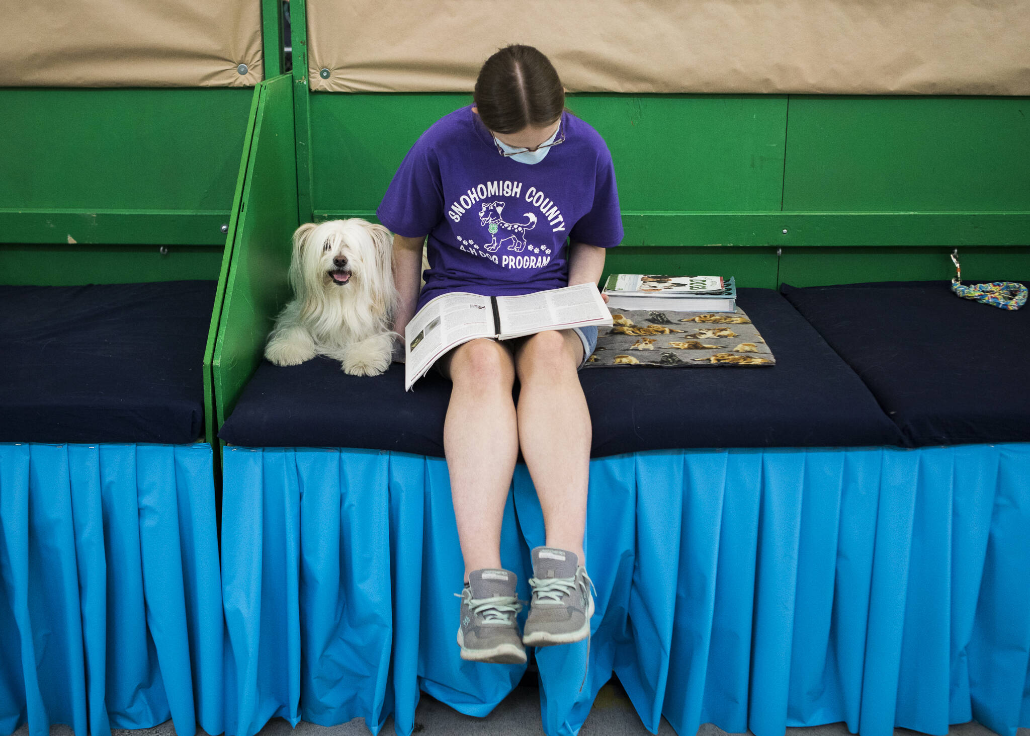Alex Markiel sits with her dog Sabre and reads during opening day of the Evergreen State Fair on Aug. 26 in Monroe. (Olivia Vanni / Herald file)