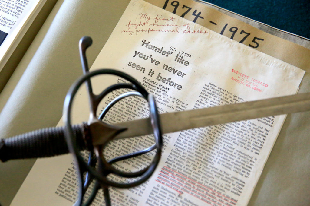 David Boushey’s first theater review in the The Everett Herald is part of his collection of items spanning decades. Boushey is a retired stuntman, fight director and member of Hollywood’s Stuntmen’s Hall of Fame. (Kevin Clark / The Herald)
