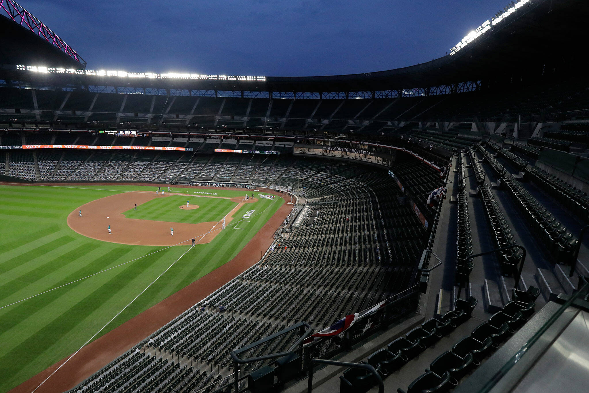 Empty seats are shown at T-Mobile Park on July 31, 2020, in Seattle. (AP Photo/Ted S. Warren)