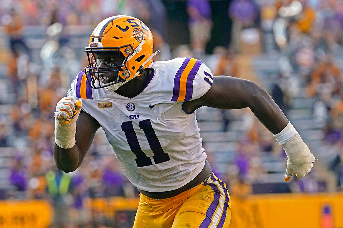 LSU defensive lineman Ali Gaye runs off the line in the second half an NCAA college football game against Mississippi State in Baton Rouge, La., Saturday, Sept. 26, 2020. Mississippi State won 44-34. (AP Photo/Gerald Herbert)