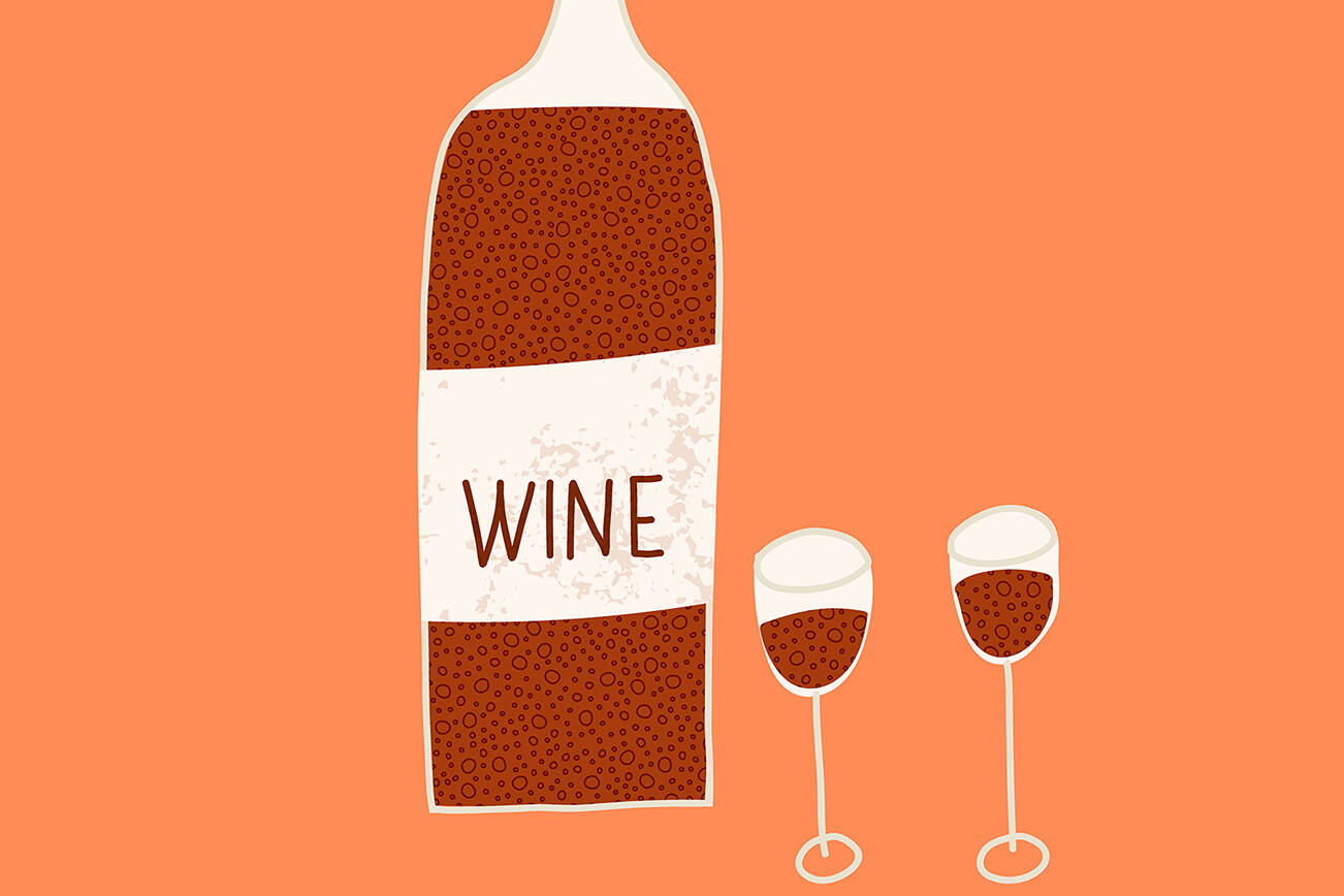 Hand drawn vector illustration of bottle of red wine and two glasses. Abstract cartoon style isolated.