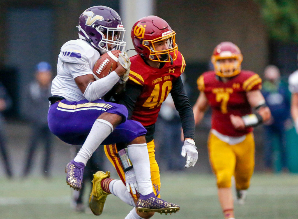 Lake Stevens receiver Trayce Hanks scored a pair of 70-yard touchdowns in a breakout performance. (Kevin Clark / The Herald)
