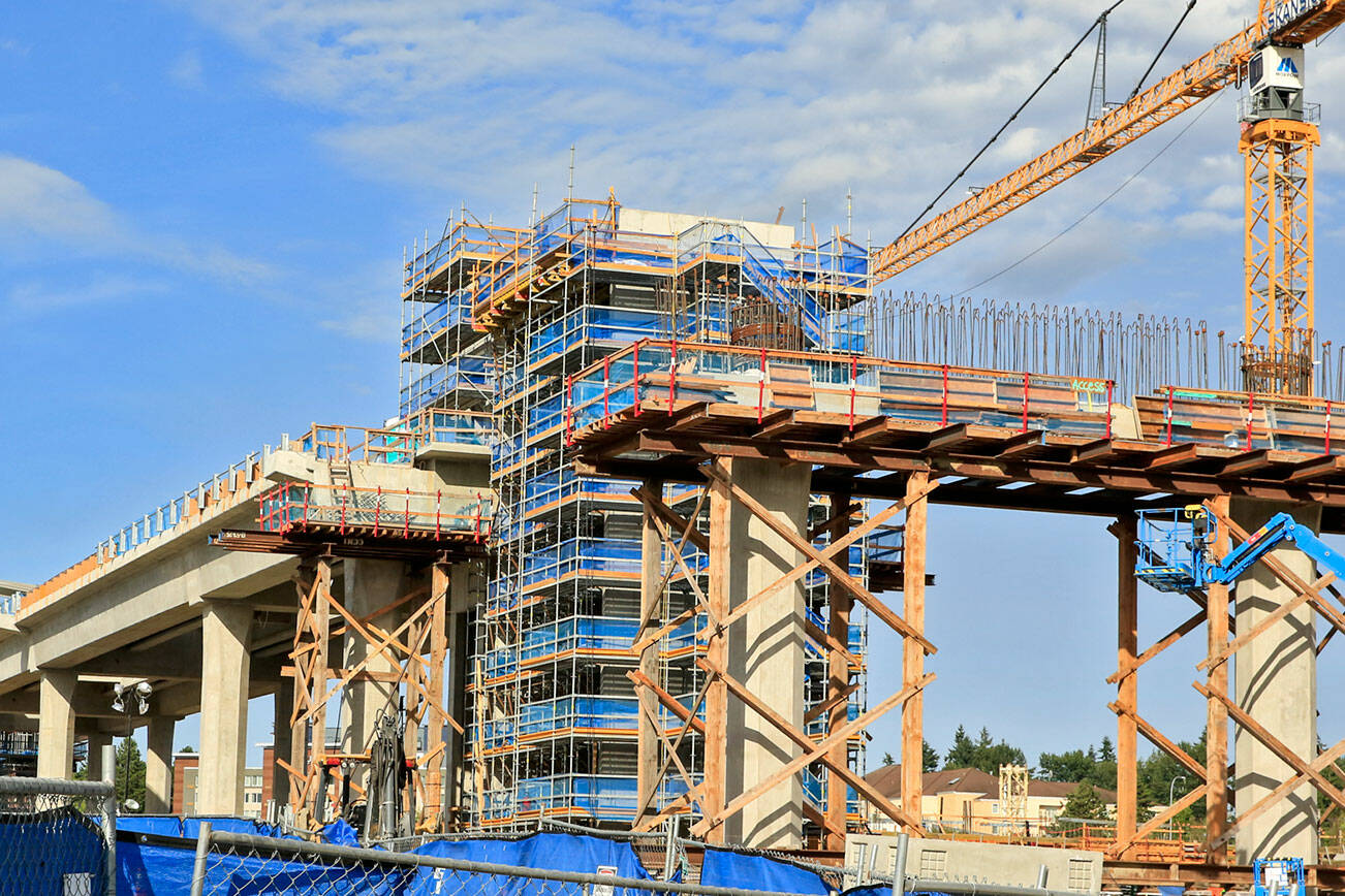 The construction site of the light rail station at the Lynnwood Transit Center on Thursday at August 5, 2021.  (Kevin Clark / The Herald)