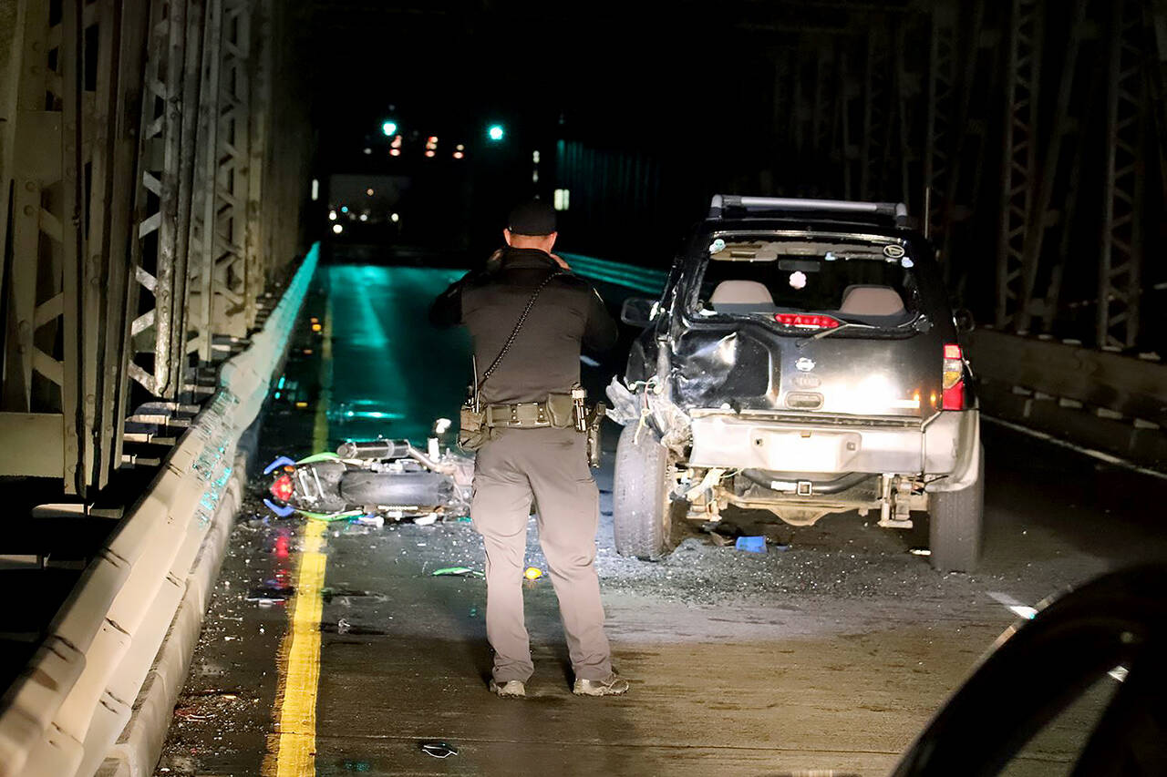 A motorcyclist died after colliding with a car Monday morning on the Snohomish River Bridge. (Everett Police Department)