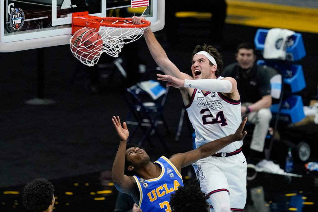 Kispert helped lead Gonzaga to the national championship game and the brink of college basketball’s first perfect season in 45 years. (AP Photo/Darron Cummings)
