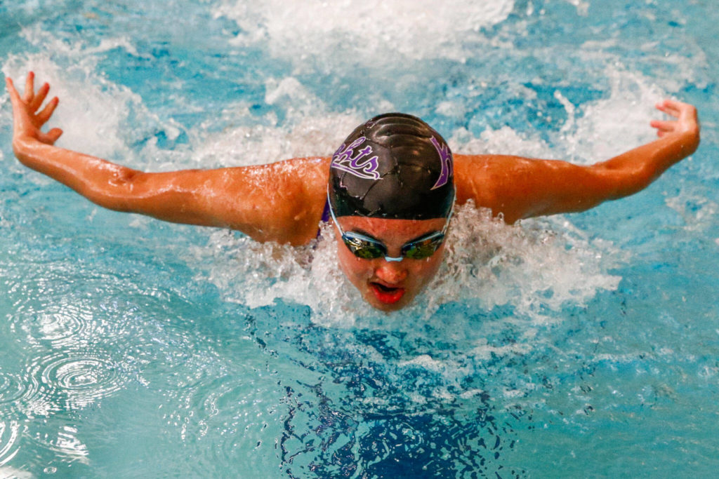 Kamiak’s Sophia Ryu competes in the 100 yard butterfly Tuesday afternoon at Kamiak High School in Mukilteo on September 21, 2021. (Kevin Clark / The Herald)
