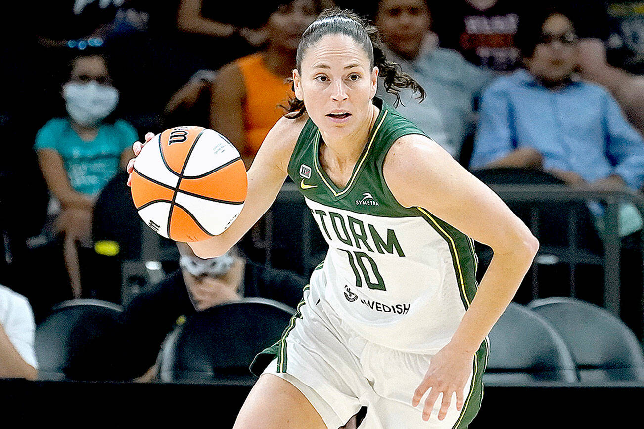 Seattle Storm guard Sue Bird (10) during the first half of the Commissioner's Cup WNBA basketball game against the Connecticut Sun, Thursday, Aug. 12, 2021, in Phoenix. (AP Photo/Matt York)