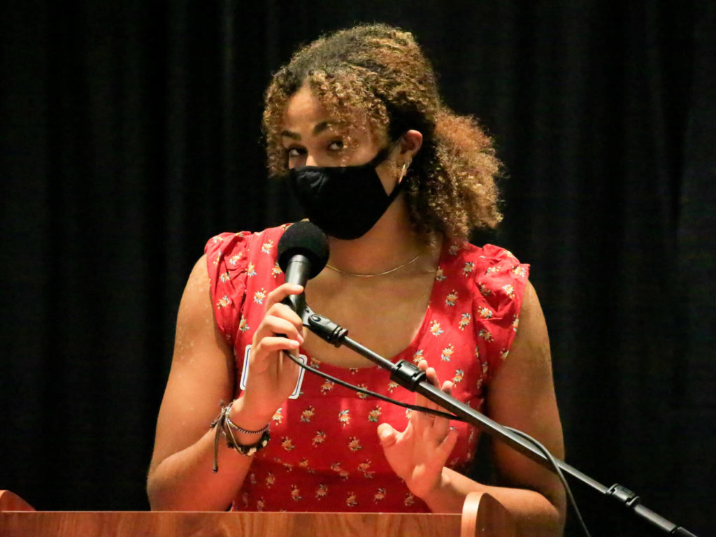 Livii Fetterley of Everett Community College gives thanks after receiving the 2021 Collegiate Athlete Female of the Year during the Snohomish County Sports Hall of Fame banquet at the Edward D. Hansen Conference Center at Angel of the Winds Arena on Wednesday night in Everett. (Kevin Clark / The Herald)

