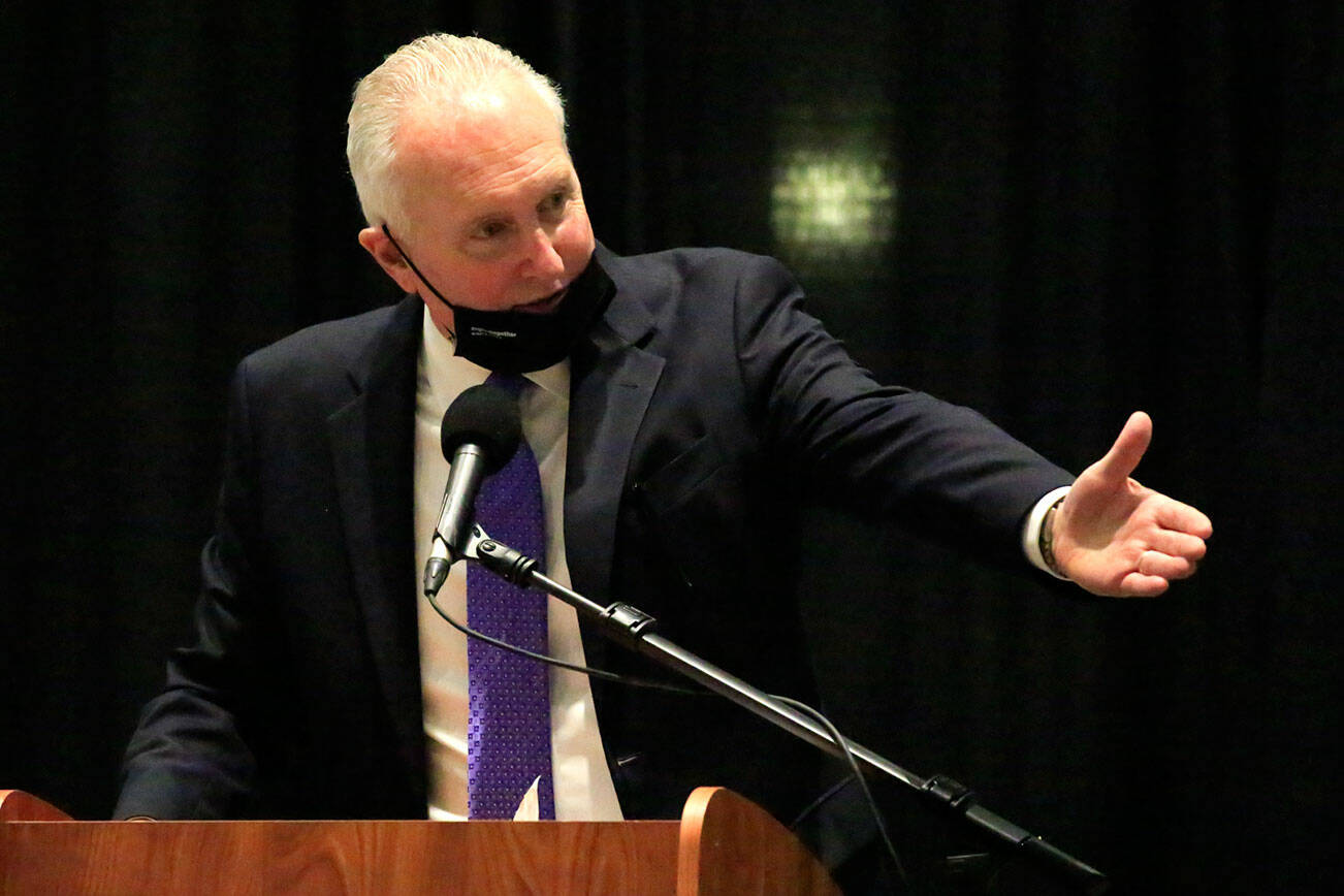 Steve Raible, former KIRO 7 anchor and the "Voice of the Seahawks" give the keynote address Wednesday night during the Snohomish County Sports Hall of Fame banquet at Angel of the Winds Arena in Everett September 22, 2021. (Kevin Clark / The Herald)