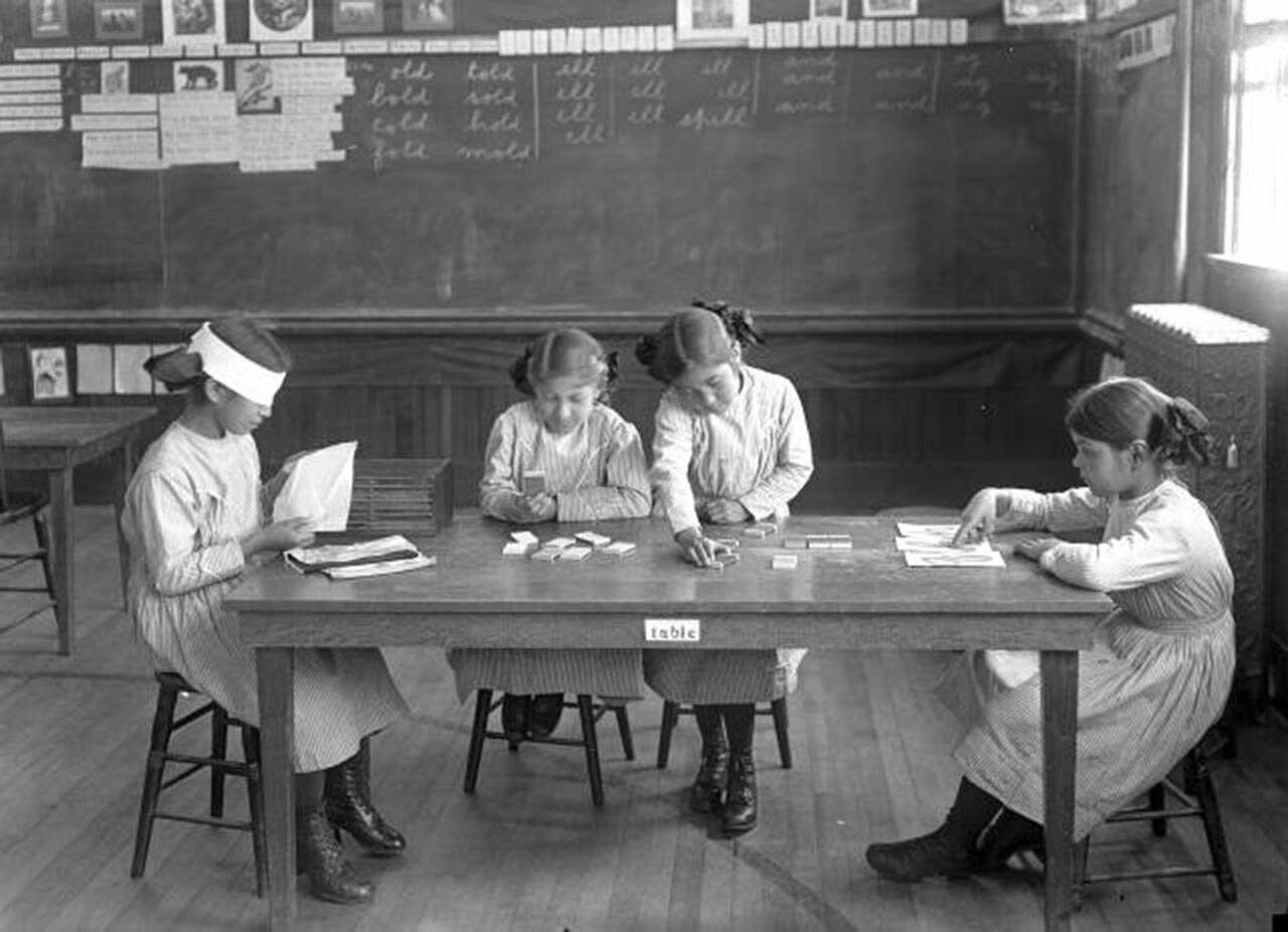 Students demonstrate classroom lessons at the Indian residential school at Tulalip, May 13, 1914. (J.A. Juleen / Everett Public Library’s Northwest History Room)