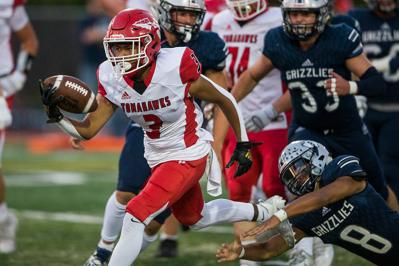 Gaylan Gray and Marysville Pilchuck rolled to a stunning rout of Glacier Peak on Friday night, turning a showdown of state-ranked teams into a beatdown of epic proportions. (Olivia Vanni / The Herald)