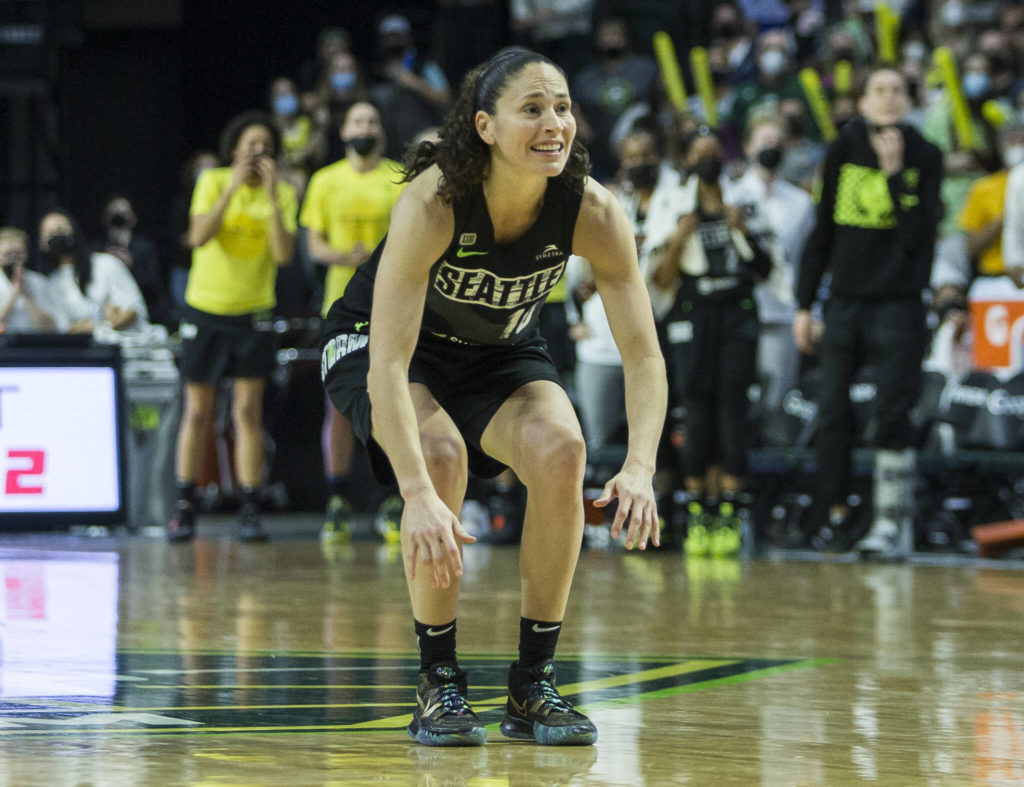 Seattle Storm’s Sue Bird reacts to a missed 3-point shot during the second-round, single elimination playoff game against the Phoenix Mercury at Angel of the Winds Arena on Sunday in Everett. (Olivia Vanni / The Herald)
