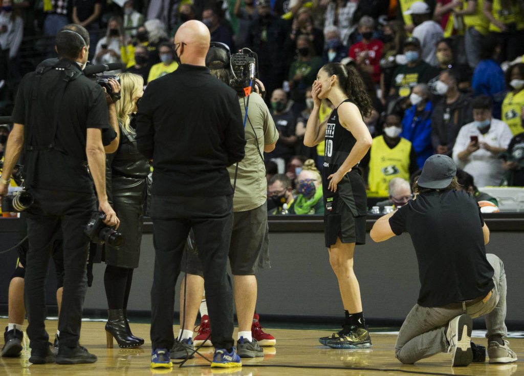 Seattle Storm’s Sue Bird becomes emotional during an interview after the Storm lost their second-round, single elimination playoff game against the Phoenix Mercury at Angel of the Winds Arena on Sunday in Everett. (Olivia Vanni / The Herald)
