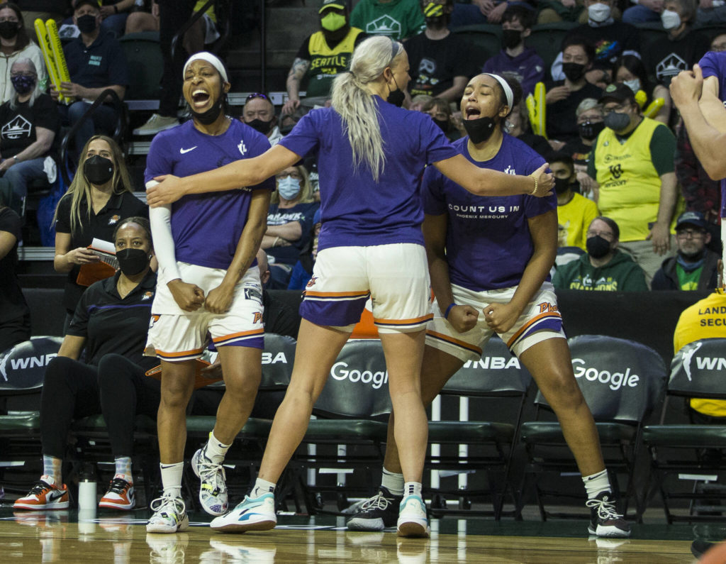 The Phoenix Mercury bench reacts to a foul call during the second-round, single elimination playoff game at Angel of the Winds Arena on Sunday in Everett. (Olivia Vanni / The Herald)
