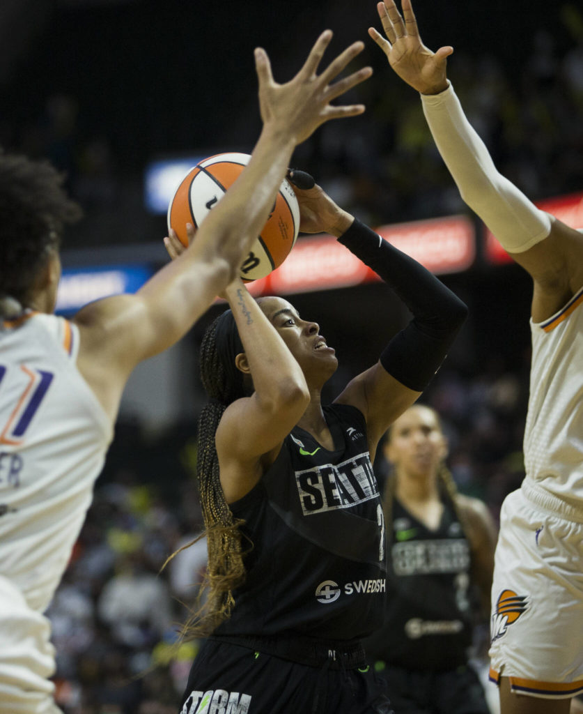 Seattle Storm’s Jordin Canada attempts a layup during the second-round, single elimination playoff game against the Phoenix Mercury at Angel of the Winds Arena on Sunday in Everett. (Olivia Vanni / The Herald)
