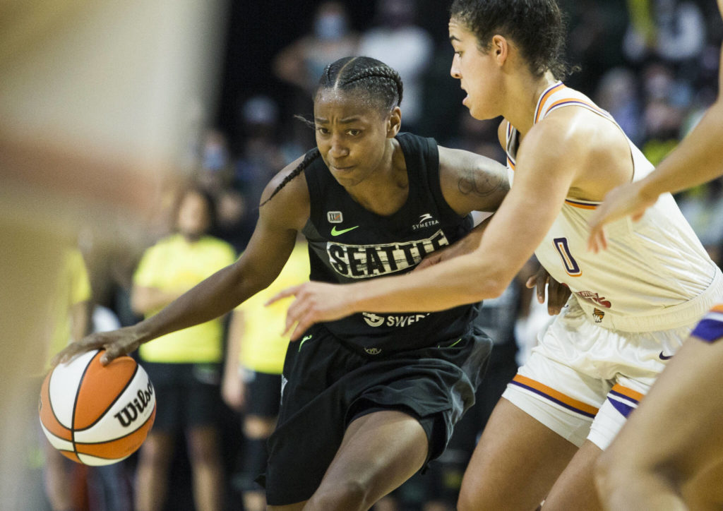 Seattle Storm’s Jewell Loyd drives to the hoop during the second-round, single elimination playoff game against the Phoenix Mercury at Angel of the Winds Arena on Sunday in Everett. (Olivia Vanni / The Herald)
