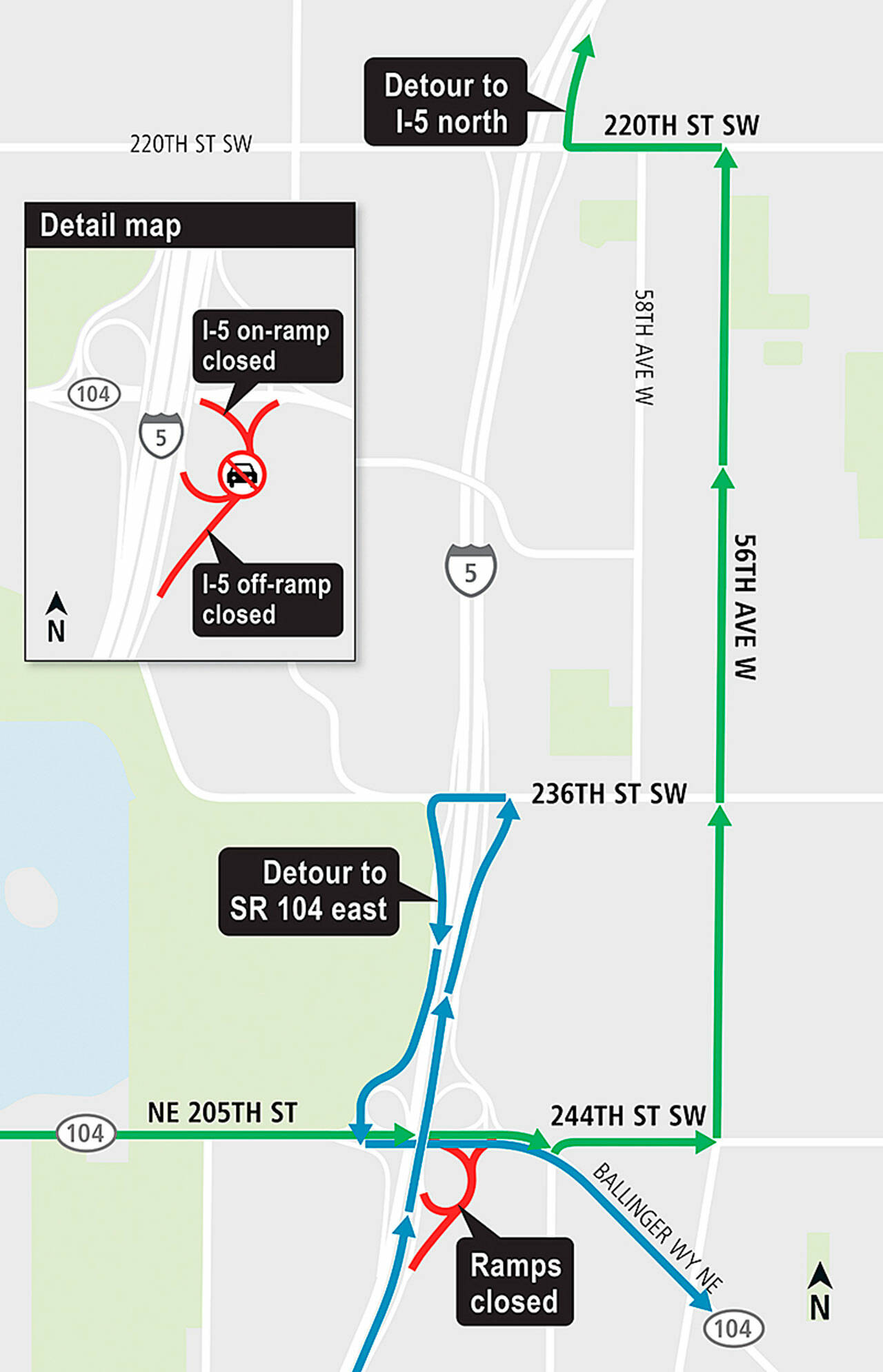 Work on the Lynnwood light rail extension could require the closure of the Highway 104 and I-5 interchange near Mountlake Terrace for two nights and mornings this week. (Sound Transit)